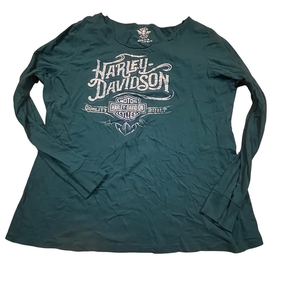 2016‎ Harley Davidson Womens 1X Green Long Sleeve Graphic Biker Y2K Moto